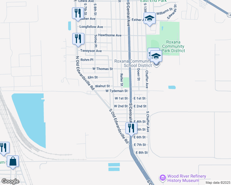 map of restaurants, bars, coffee shops, grocery stores, and more near 147 West Tydeman Street in Roxana