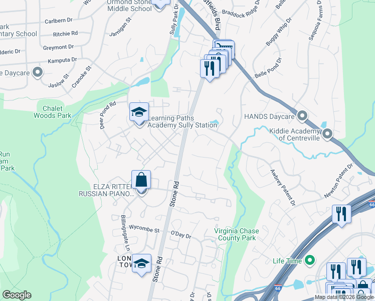 map of restaurants, bars, coffee shops, grocery stores, and more near 14614 Cedar Knoll Drive in Centreville