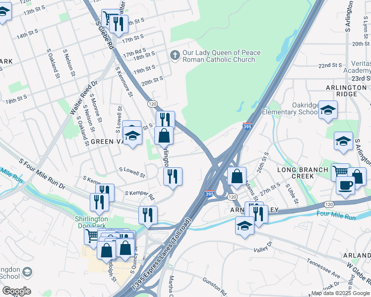 map of restaurants, bars, coffee shops, grocery stores, and more near 2695 24th Road South in Arlington