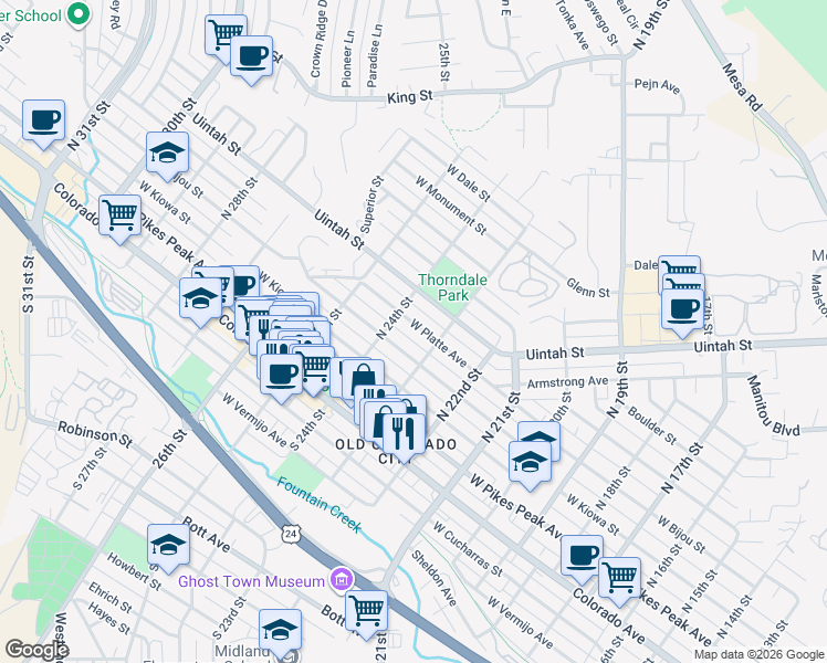 map of restaurants, bars, coffee shops, grocery stores, and more near 2312 West Platte Avenue in Colorado Springs