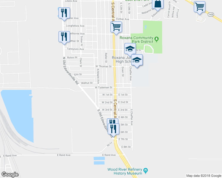 map of restaurants, bars, coffee shops, grocery stores, and more near 111 West Tydeman Street in Roxana