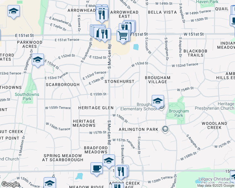 map of restaurants, bars, coffee shops, grocery stores, and more near 15437 South Bradley Drive in Olathe