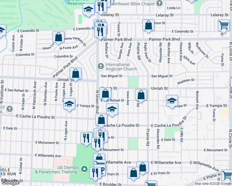map of restaurants, bars, coffee shops, grocery stores, and more near 1120 Swope Avenue in Colorado Springs