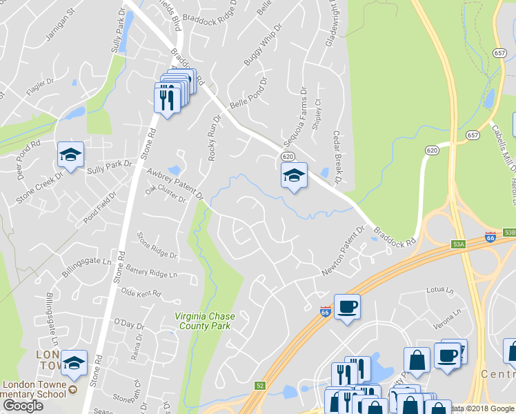 map of restaurants, bars, coffee shops, grocery stores, and more near 14505 William Carr Lane in Centreville