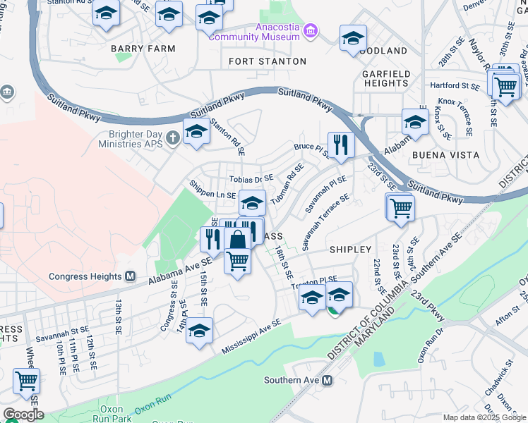 map of restaurants, bars, coffee shops, grocery stores, and more near 1720 Stanton Terrace Southeast in Washington
