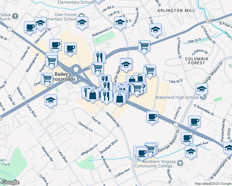 map of restaurants, bars, coffee shops, grocery stores, and more near 5524 Leesburg Pike Service Road in Bailey's Crossroads