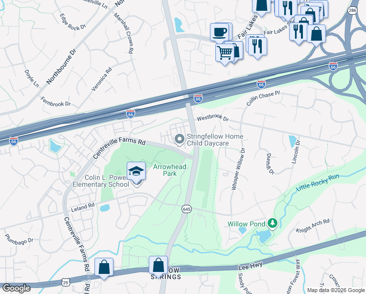 map of restaurants, bars, coffee shops, grocery stores, and more near 5108 Village Fountain Place in Centreville