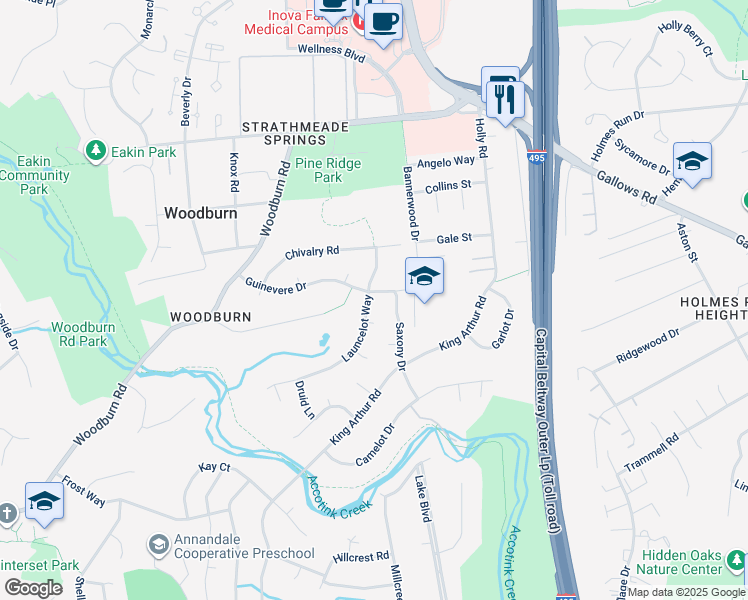 map of restaurants, bars, coffee shops, grocery stores, and more near 8111 Guinevere Drive in Annandale