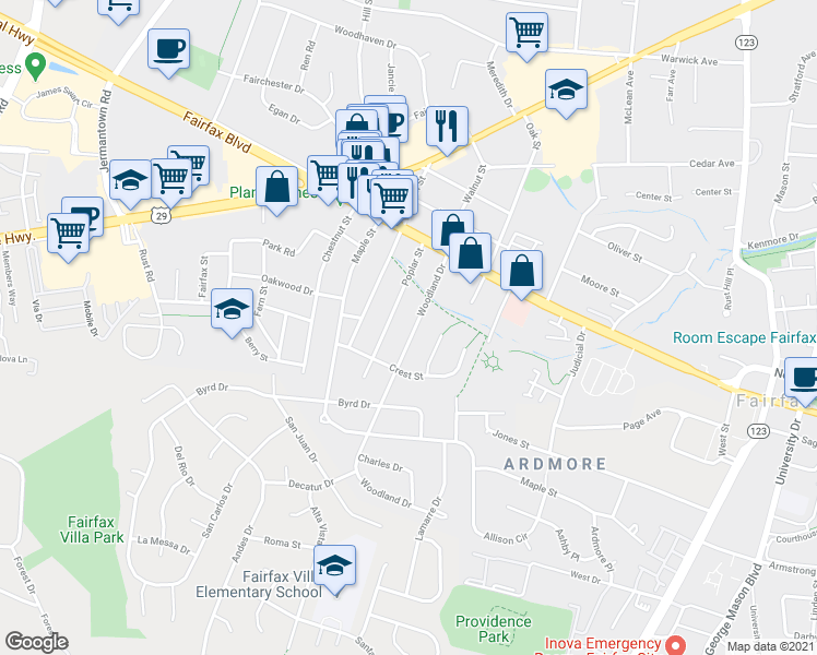 map of restaurants, bars, coffee shops, grocery stores, and more near 4028 Woodland Drive in Fairfax