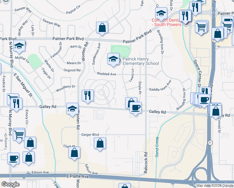 map of restaurants, bars, coffee shops, grocery stores, and more near 1122 Clark Circle in Colorado Springs