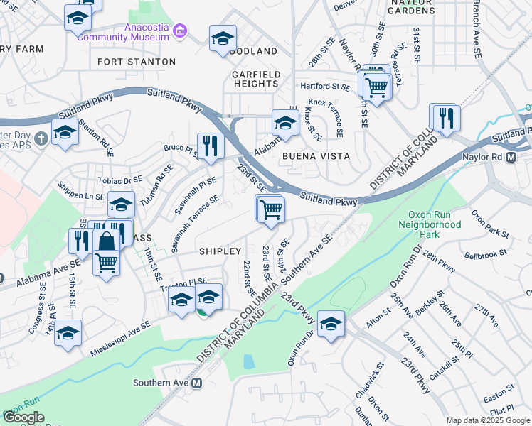 map of restaurants, bars, coffee shops, grocery stores, and more near 3301 23rd Street Southeast in Washington