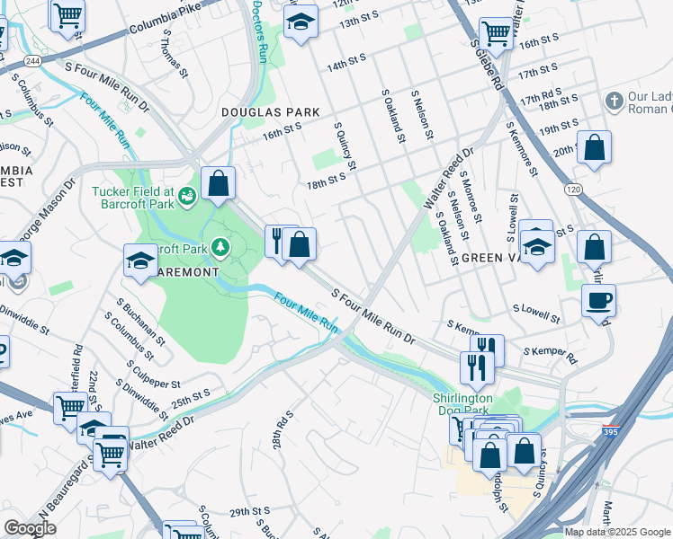 map of restaurants, bars, coffee shops, grocery stores, and more near 4069 South Four Mile Run Drive in Arlington