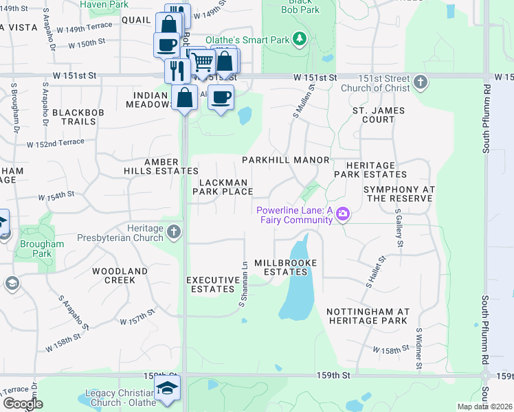 map of restaurants, bars, coffee shops, grocery stores, and more near 15429 South Shannan Lane in Olathe