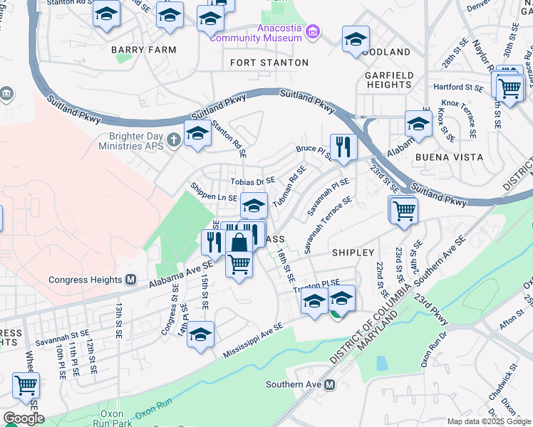 map of restaurants, bars, coffee shops, grocery stores, and more near 1720 Stanton Terrace Southeast in Washington