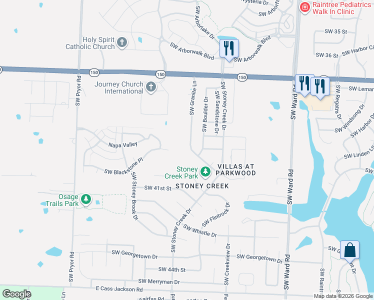 map of restaurants, bars, coffee shops, grocery stores, and more near 3920 Southwest Granite Lane in Lee's Summit