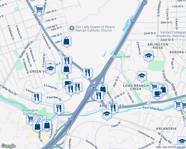 map of restaurants, bars, coffee shops, grocery stores, and more near 2400 24th Road South in Arlington