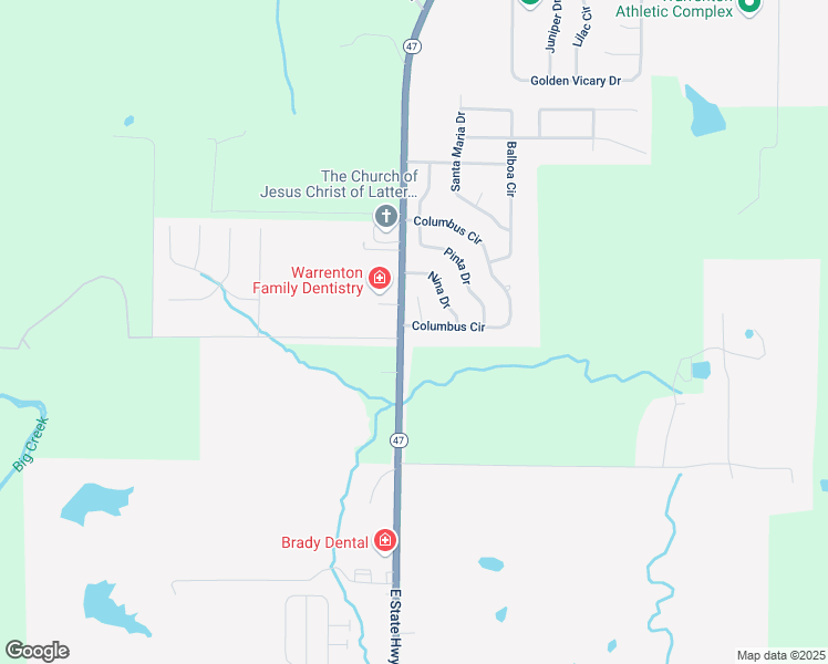 map of restaurants, bars, coffee shops, grocery stores, and more near 1104 Columbus Circle in Warrenton