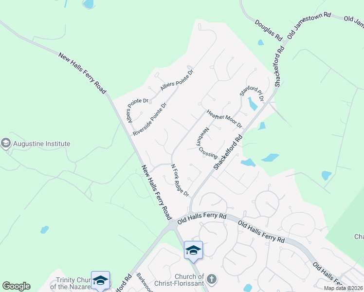 map of restaurants, bars, coffee shops, grocery stores, and more near 16768 North Fork Ridge Drive in Florissant
