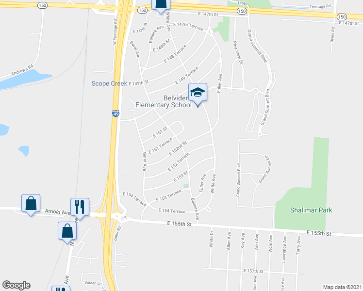 map of restaurants, bars, coffee shops, grocery stores, and more near Bellaire Avenue & East 152nd Street in Grandview