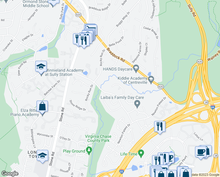 map of restaurants, bars, coffee shops, grocery stores, and more near 14527 William Carr Lane in Centreville