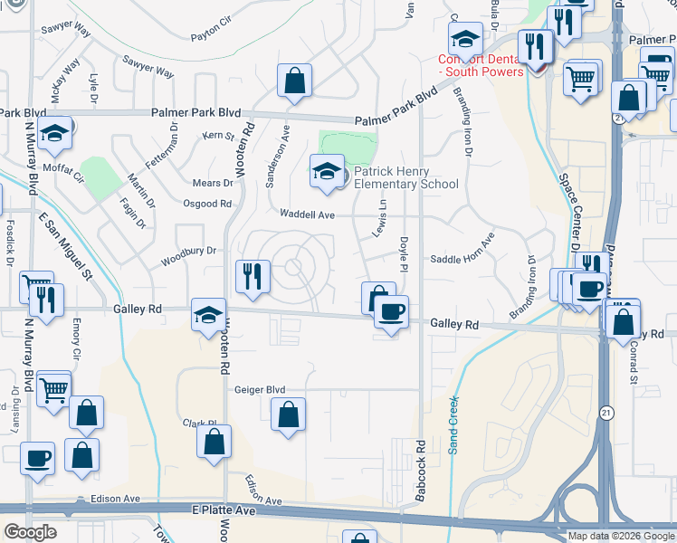 map of restaurants, bars, coffee shops, grocery stores, and more near 1122 Clark Circle in Colorado Springs