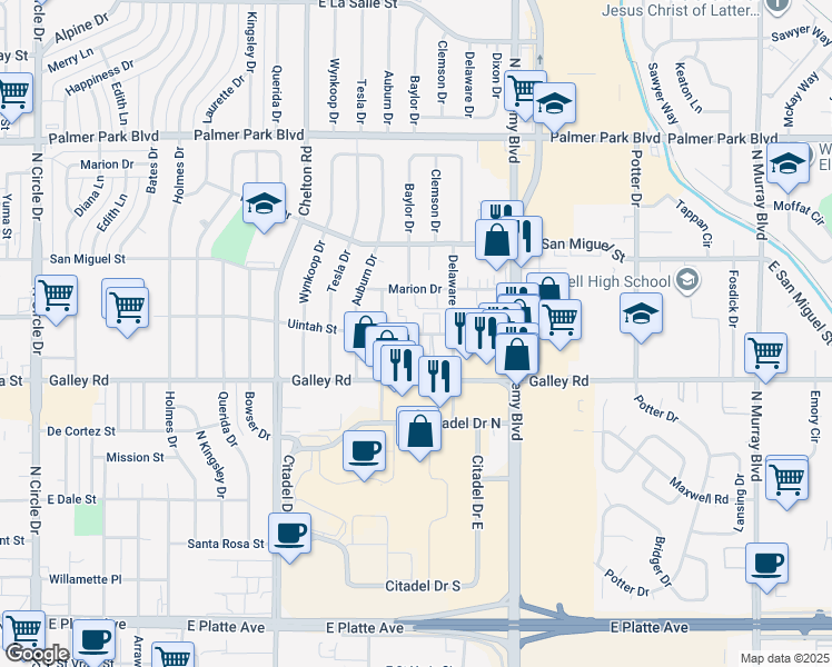 map of restaurants, bars, coffee shops, grocery stores, and more near 3604 East Uintah Street in Colorado Springs