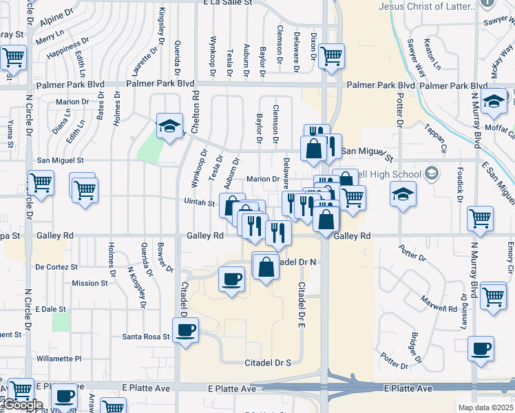 map of restaurants, bars, coffee shops, grocery stores, and more near 3604 East Uintah Street in Colorado Springs