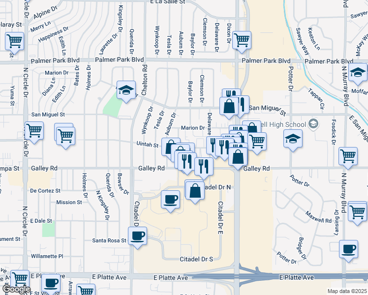 map of restaurants, bars, coffee shops, grocery stores, and more near 3604 East Uintah Street in Colorado Springs