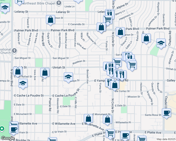 map of restaurants, bars, coffee shops, grocery stores, and more near 2575 East Uintah Street in Colorado Springs