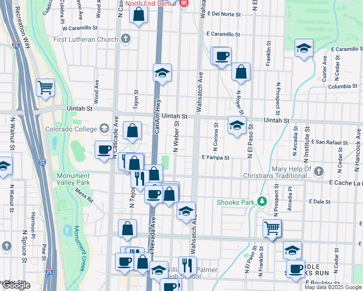 map of restaurants, bars, coffee shops, grocery stores, and more near 1019 North Weber Street in Colorado Springs