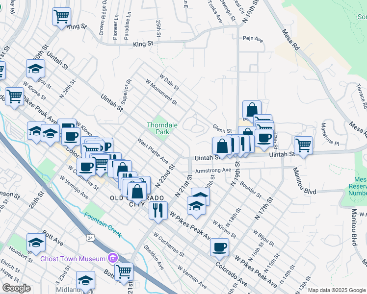 map of restaurants, bars, coffee shops, grocery stores, and more near 2203 West Saint Vrain Street in Colorado Springs