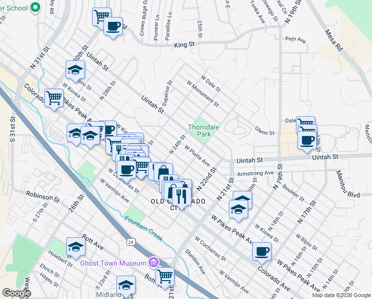 map of restaurants, bars, coffee shops, grocery stores, and more near 2312 West Platte Avenue in Colorado Springs