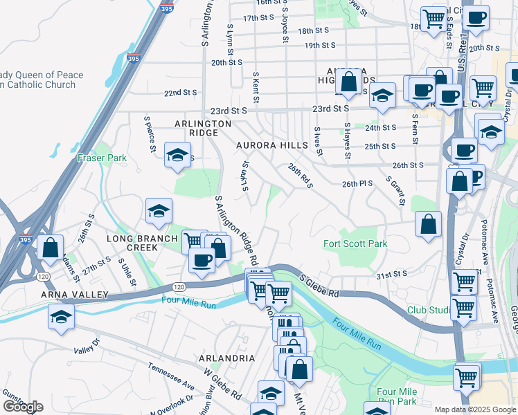 map of restaurants, bars, coffee shops, grocery stores, and more near 2647 South Kent Street in Arlington