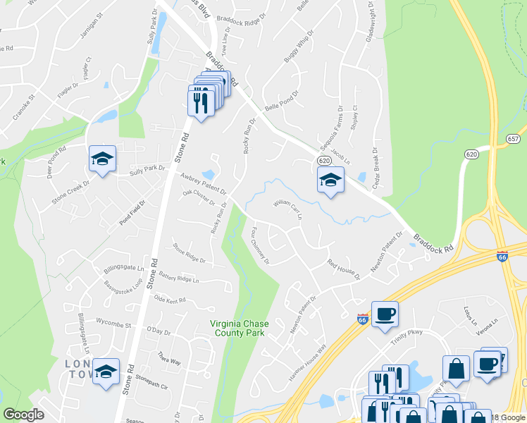map of restaurants, bars, coffee shops, grocery stores, and more near 14529 William Carr Lane in Centreville