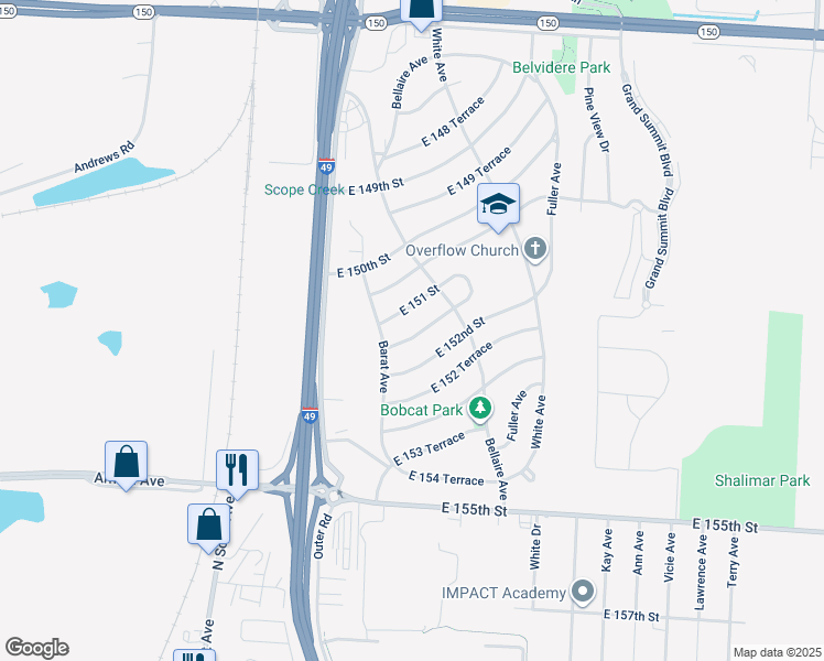 map of restaurants, bars, coffee shops, grocery stores, and more near 6006 East 151 Terrace in Grandview