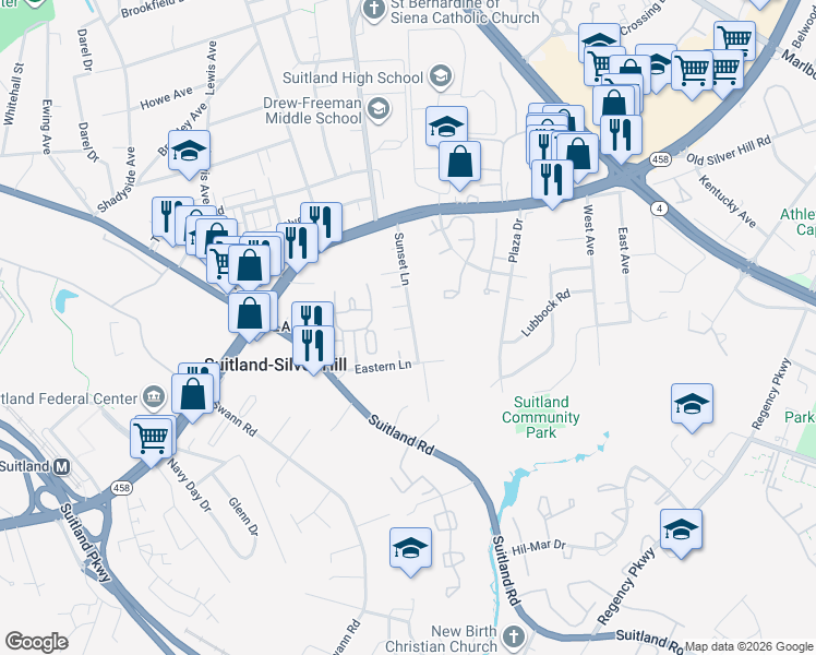 map of restaurants, bars, coffee shops, grocery stores, and more near 3017 Sunset Lane in Hillcrest Heights