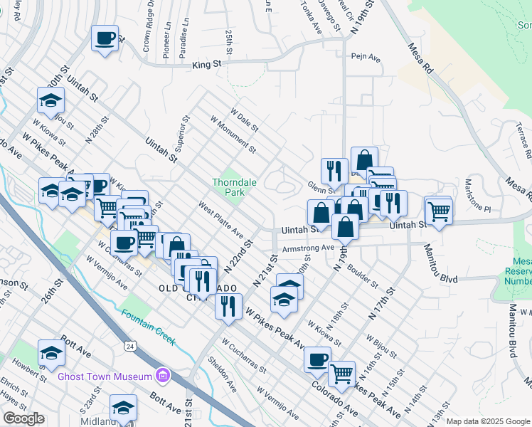 map of restaurants, bars, coffee shops, grocery stores, and more near 2203 West Saint Vrain Street in Colorado Springs