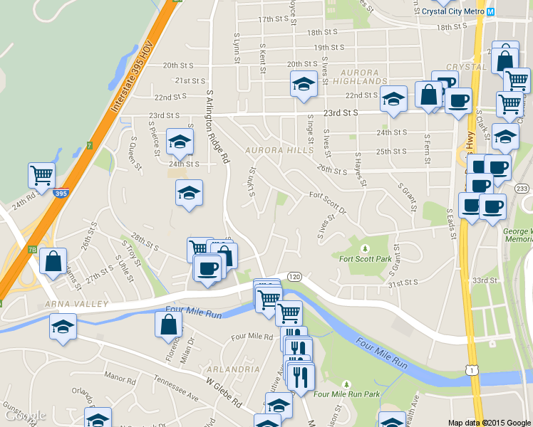 map of restaurants, bars, coffee shops, grocery stores, and more near 2647 South Kent Street in Arlington