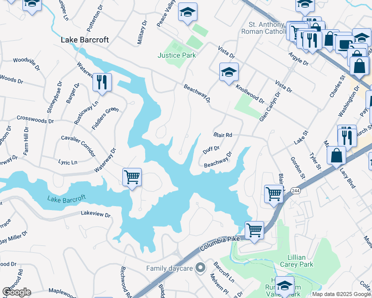map of restaurants, bars, coffee shops, grocery stores, and more near 3429 Greentree Drive in Falls Church
