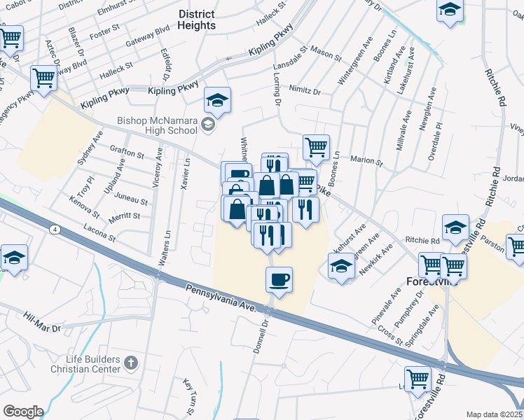 map of restaurants, bars, coffee shops, grocery stores, and more near 3101 Donnell Drive in District Heights