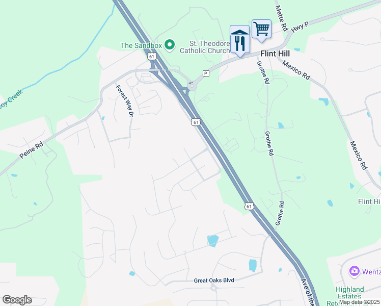 map of restaurants, bars, coffee shops, grocery stores, and more near 4 Winded Way Court in Wentzville