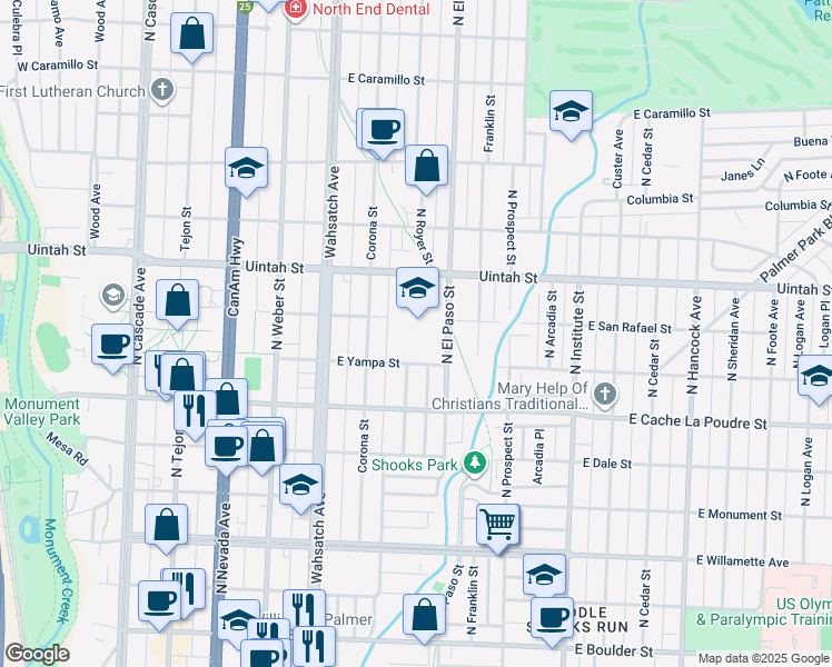 map of restaurants, bars, coffee shops, grocery stores, and more near 612 East Yampa Street in Colorado Springs