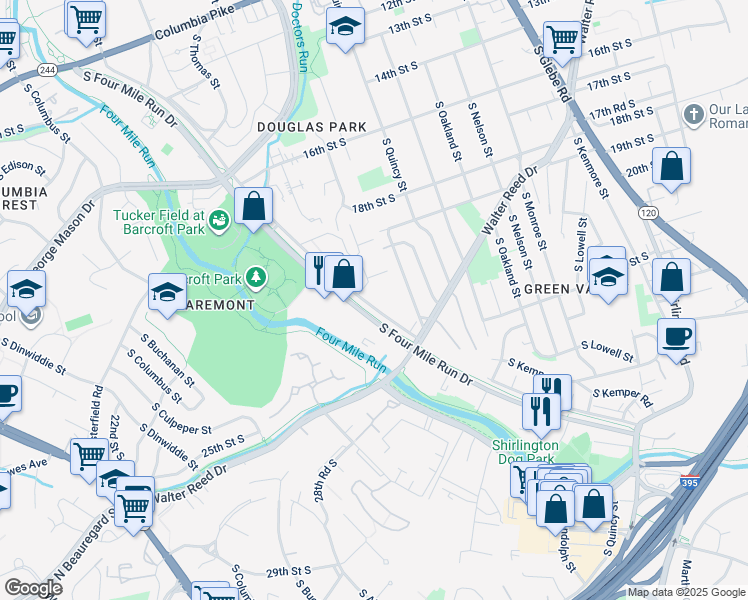 map of restaurants, bars, coffee shops, grocery stores, and more near 4077 South Four Mile Run Drive in Arlington