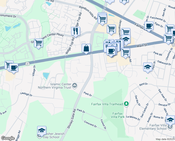map of restaurants, bars, coffee shops, grocery stores, and more near 11304 Nancyann Way in Fairfax