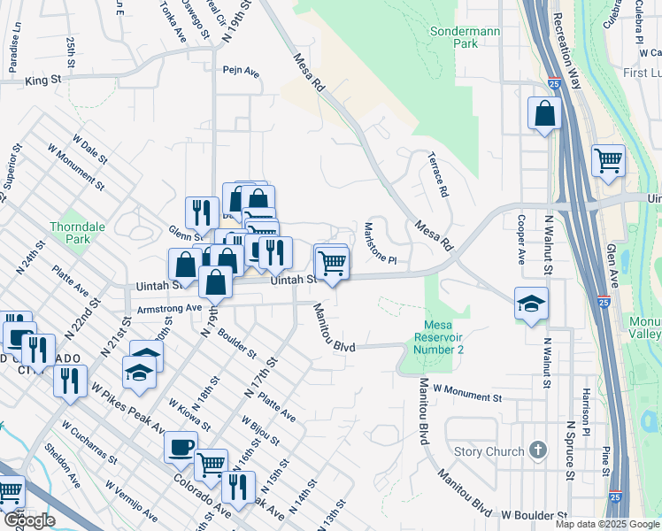 map of restaurants, bars, coffee shops, grocery stores, and more near 1562 Gatehouse Circle South in Colorado Springs