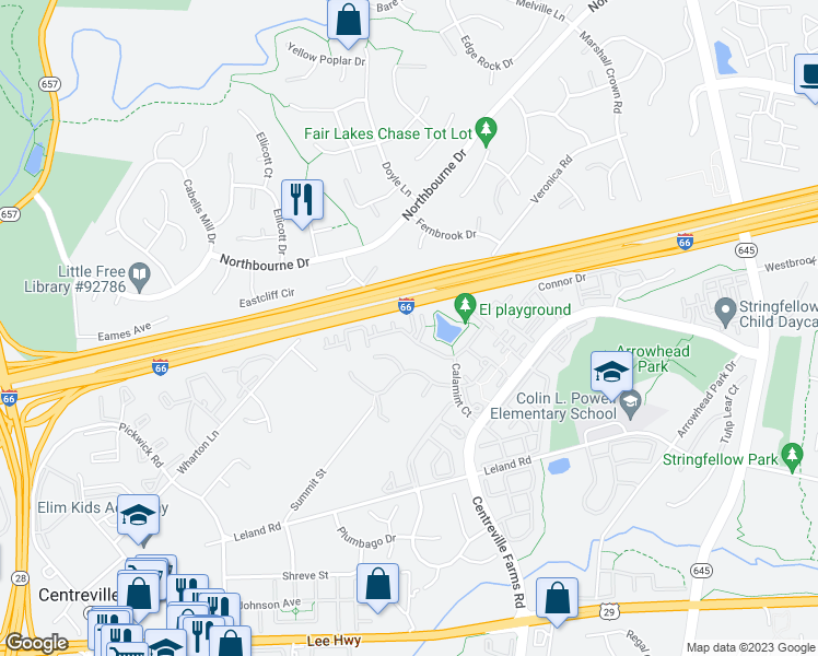 map of restaurants, bars, coffee shops, grocery stores, and more near 13596 Lavender Mist Lane in Centreville