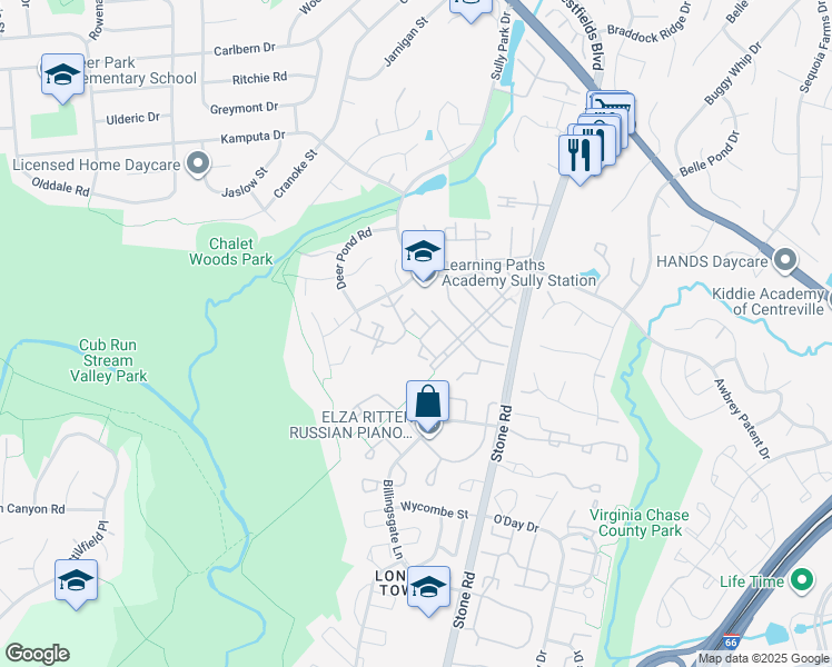 map of restaurants, bars, coffee shops, grocery stores, and more near 14707 Beaumeadow Drive in Centreville
