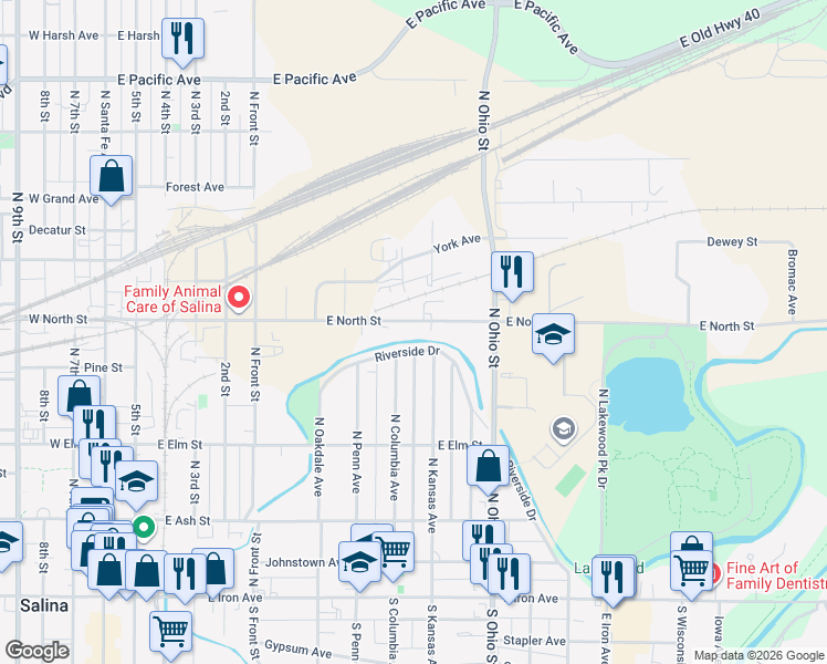 map of restaurants, bars, coffee shops, grocery stores, and more near 908 East North Street in Salina