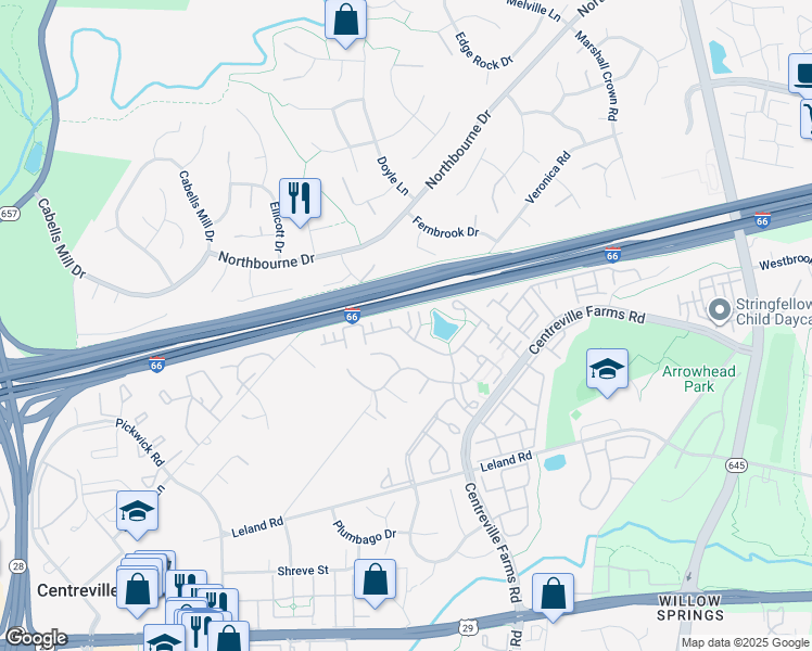map of restaurants, bars, coffee shops, grocery stores, and more near 13596 Lavender Mist Lane in Centreville