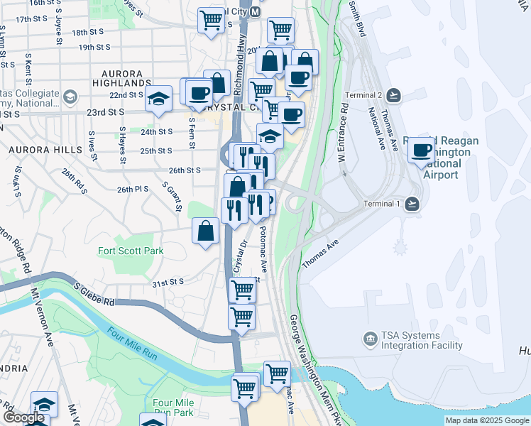 map of restaurants, bars, coffee shops, grocery stores, and more near 2777 Crystal Drive in Arlington
